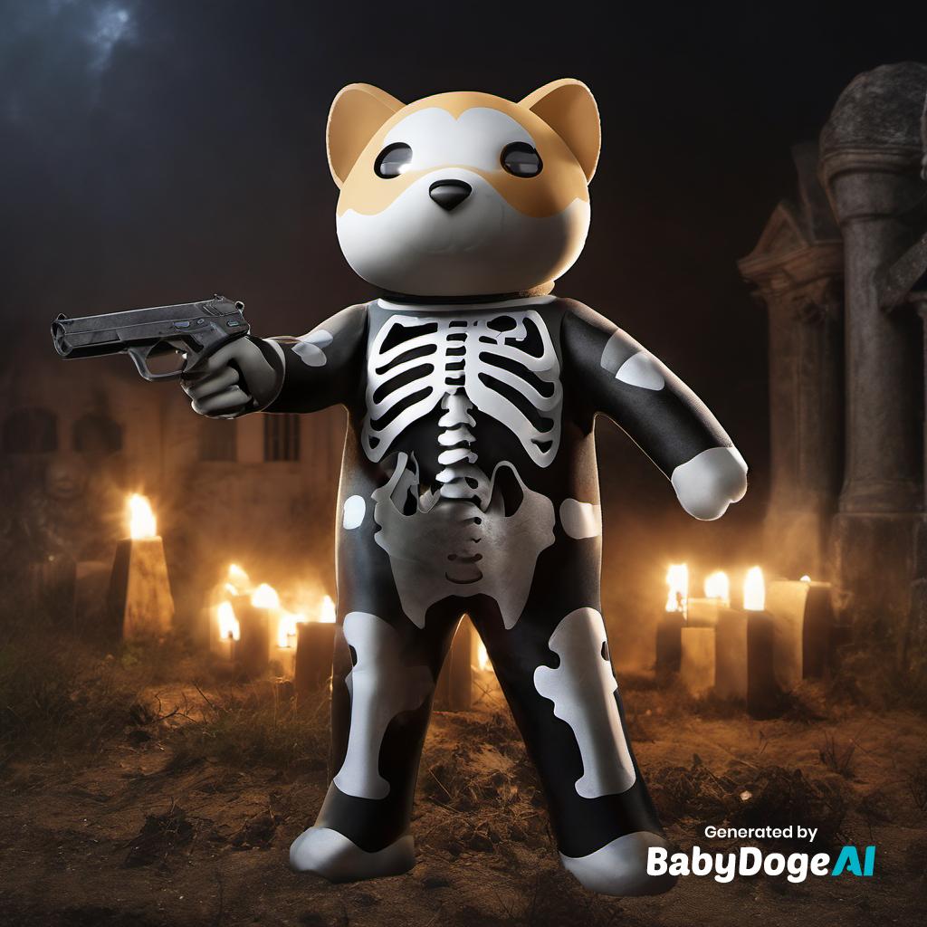 'light painting of BabyDoge wearing a skeleton suit holding a pistol, graveyard background, dramatic lighting, perfect lighting, zombies' Generated via #BabyDogeAi Generate your own now at BabyDogeSwap.com/Ai