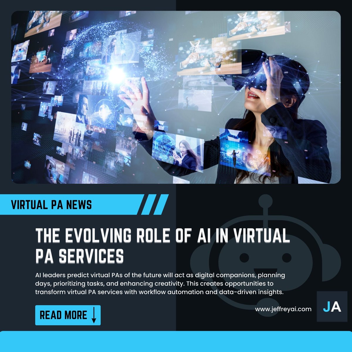 RealJeffreyAI's tweet image. The Evolving Role of AI in Virtual PA Services 

AI leaders predict virtual PAs of the future will act as digital companions, planning days, prioritising tasks, and enhancing creativity. 

See how JeffreyAI can revolutionise virtual assistance. 

#virtualpa #automation #ai