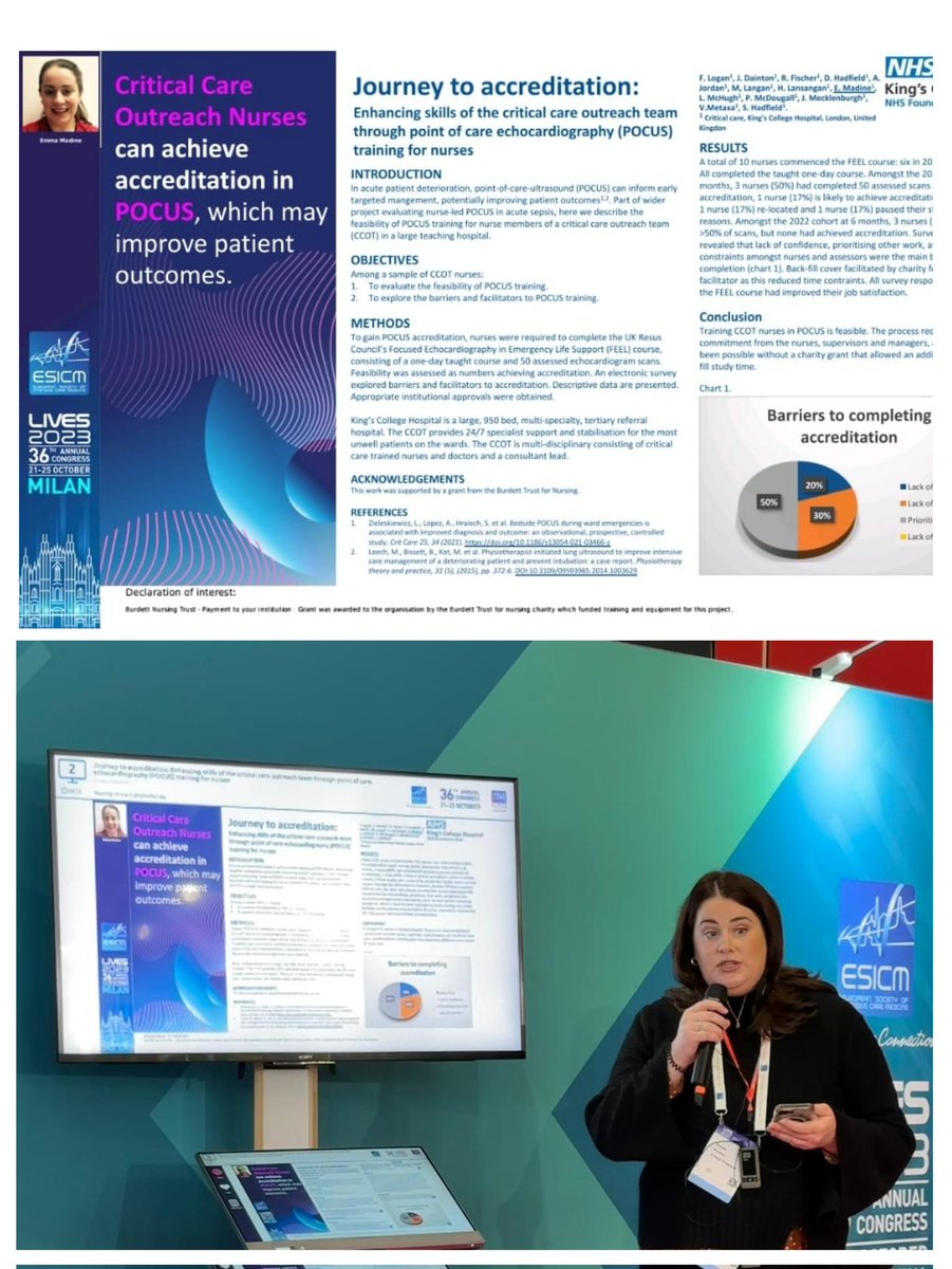 Here is our very own @MadineE presenting our nurse led echo project: 'Journey to accreditation: Critical care outreach nurses can become accredited in #POCUS' @ESICM #LIVES2023 👏👏 @KingsCritCare