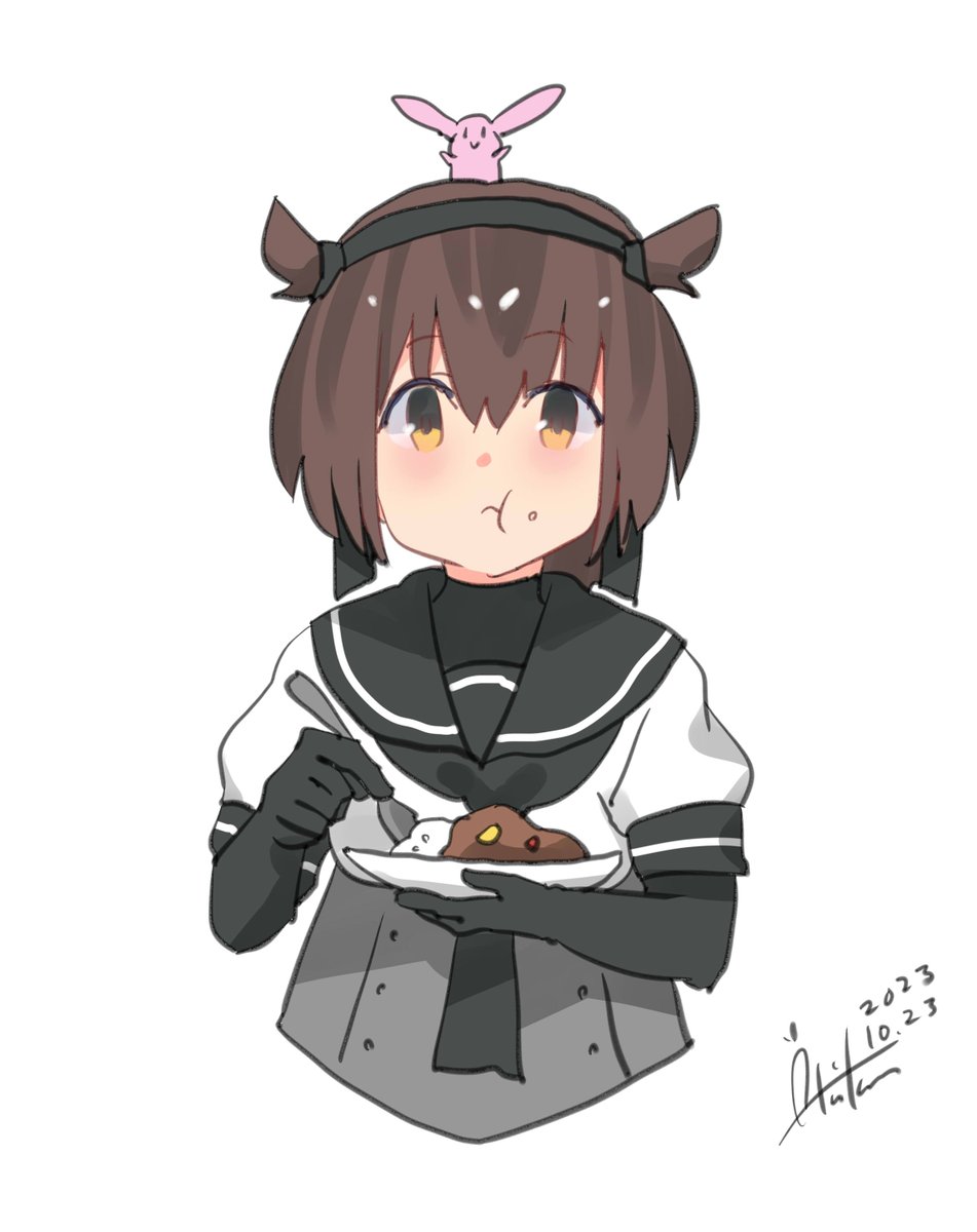 hatsuzuki (kancolle) 1girl brown hair curry short hair food rabbit dated  illustration images