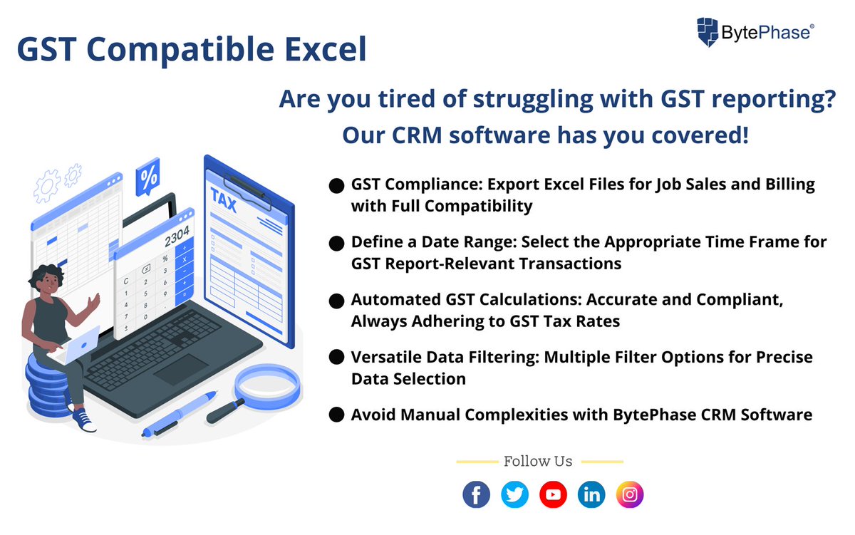 GST Compatible Excel

Are you tired of struggling with GST reporting? Our CRM software has you covered!

#GST #reporting #CRM #DataFilter #ExportExcel
#GSTCalculations #GSTCompliance #GSTtax