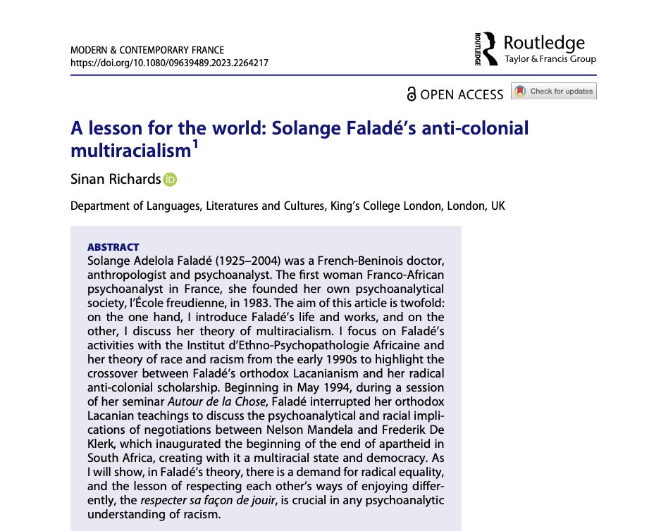 Solange Faladé was a Franco-Beninese anti-colonial psychoanalyst. A disciple of Jacques Lacan, she was shunned after Lacan’s death, and has been unfairly neglected since. Read more about her in my OA article: tandfonline.com/doi/full/10.10… in @FranceModern Photo courtesy of @DanyNobus