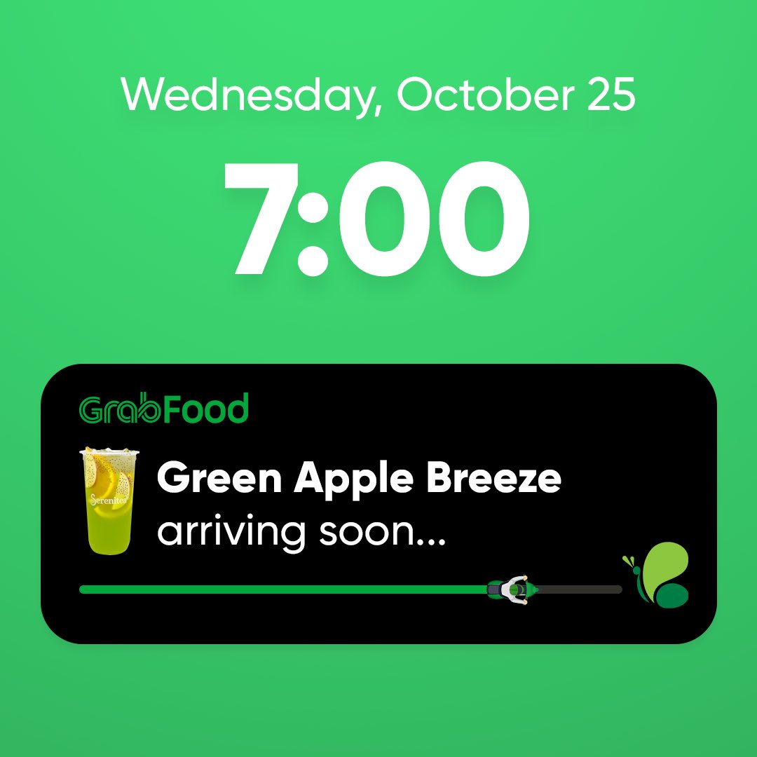 Our Green Apple Breeze  🍏 is on the way, what about yours? 😏

Order this exclusive drink only through your 🛵 Grab Delivery app today!
