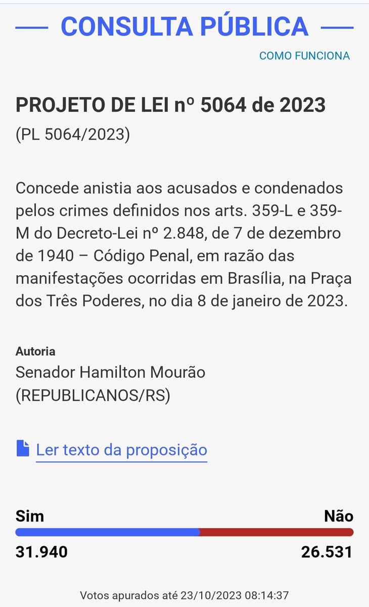 Galera, votem na consulta pública sobre a lei da anistia que pretende corrigir a vingança judiciária contra pessoas simples, como forma de castigo exemplar. Não estamos na idade média... VOTEM SIM www12.senado.leg.br/ecidadania/vis…