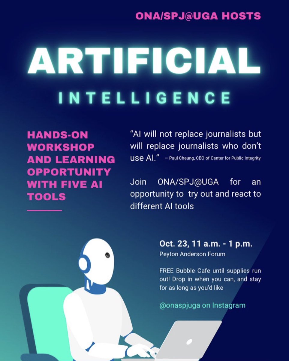 Today is finally the day! Drop in anytime at the Grady College Peyton Anderson Forum between 11 a.m. and 1 p.m. to test out five AI tools and learn more about their impact on journalism. Also, feel free to ask questions in our comments.