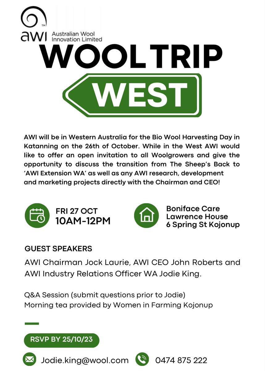 🐑 WOOL TRIP WEST 🐑

<a href="/woolinnovation/">Australian Wool Innovation</a> are visiting us on our home turf!

Details in the flyers, get along if you can.

#Darkan Wed 25th Oct 5-7pm

#katanning Thur 26th Oct 11:15am 

#kojonup Fri 27th Oct 10-12noon

<a href="/Rural_focus/">Rural Focus</a> <a href="/DPIRDbroadacre/">DPIRD Broadacre - WA Grains & Livestock</a> <a href="/livestock_the/">The Livestock Collective</a> <a href="/neXtgenAgri/">neXtgen Agri Ltd</a> 

#wool