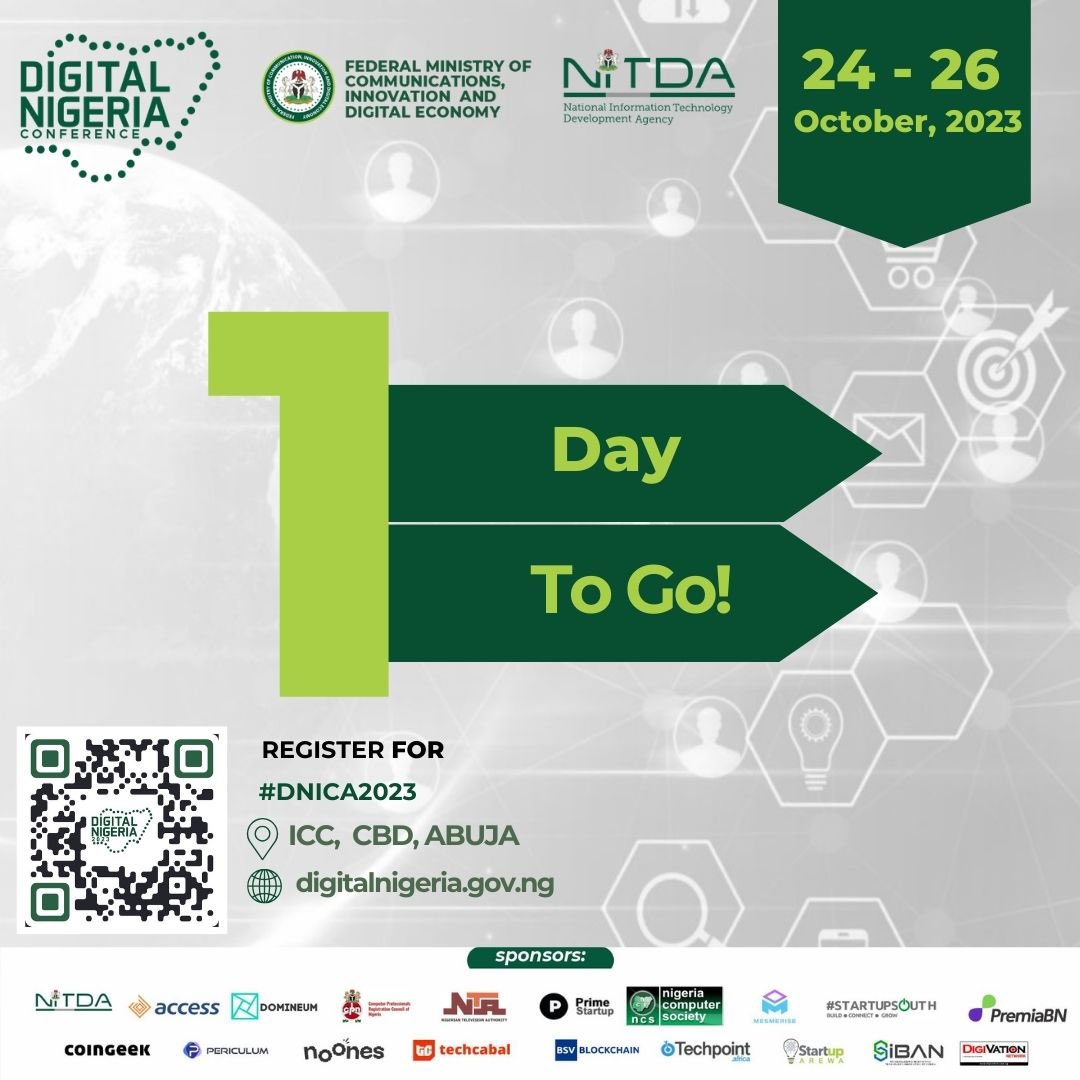 DigitalNigeria1's tweet photo. Countdown to the big event! 1 day to go!

The biggest gathering of digital technology experts in Nigeria. We can't wait to see you.

Have you registered?

Click on the link below to register:
https://t.co/5NeiLBwqgE #DNC2023 #DigitalEconomy https://t.co/VmfVcJN7so