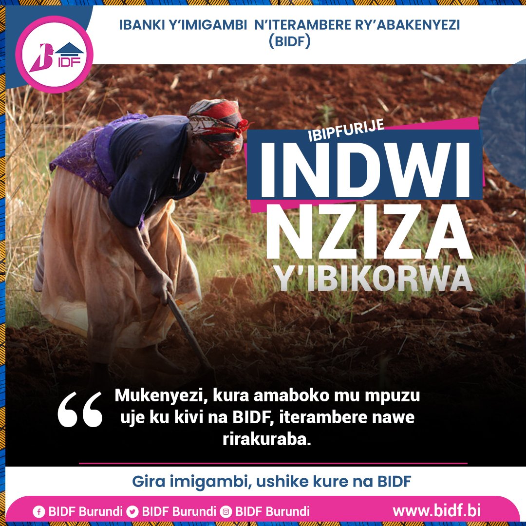 bidfburundi's tweet photo. #Mukenyezi, kura amaboko mu mpuzu uje ku kivi na #BIDF, Iterambere nawe rirakuraba.
Ibanki y'Imigambi n'Iterambere ry'Abakenyezi #BIDF ibipfurije #Indwi nziza y'ibikorwa.
Gira imigambi, ushike kure na BIDF
#BIDF, #Bank #Abakenyezi, #Imigambi https://t.co/D55WlONB8t