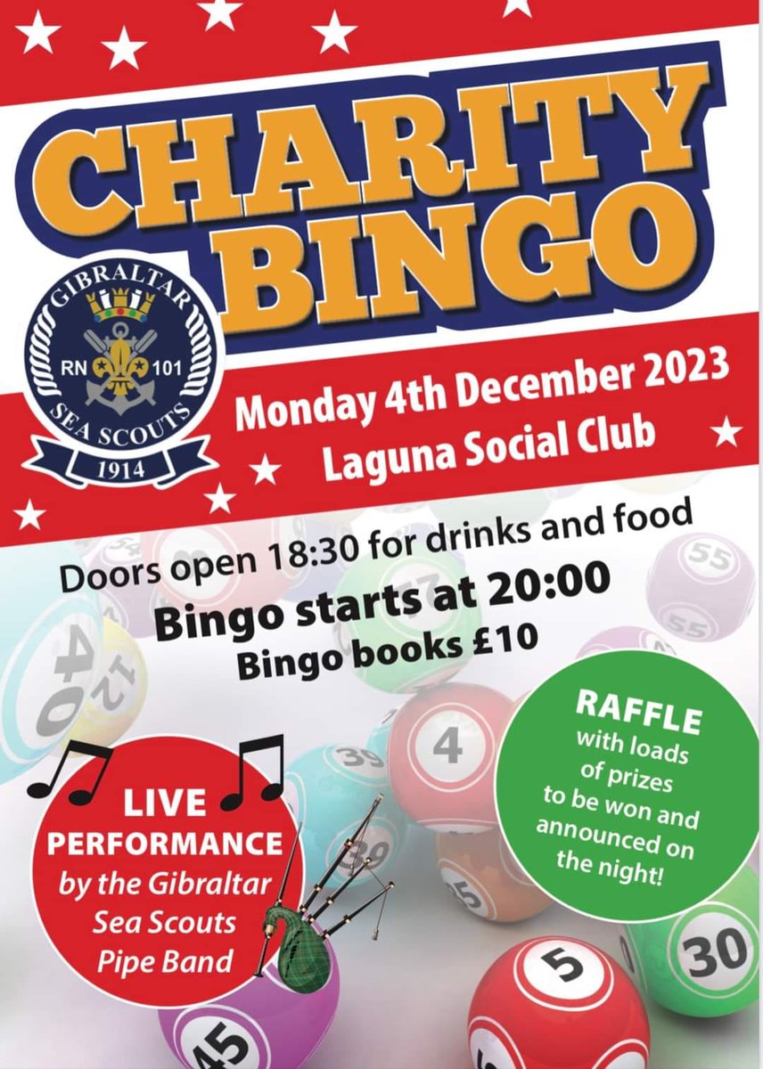 CHARITY BINGO NIGHT! Join our charity bingo night on 4th December at the Laguna Social Club, 18:30. Bingo, raffle and live music. All funds go to supporting the #Gibraltar Sea Scouts group. 18+ only.