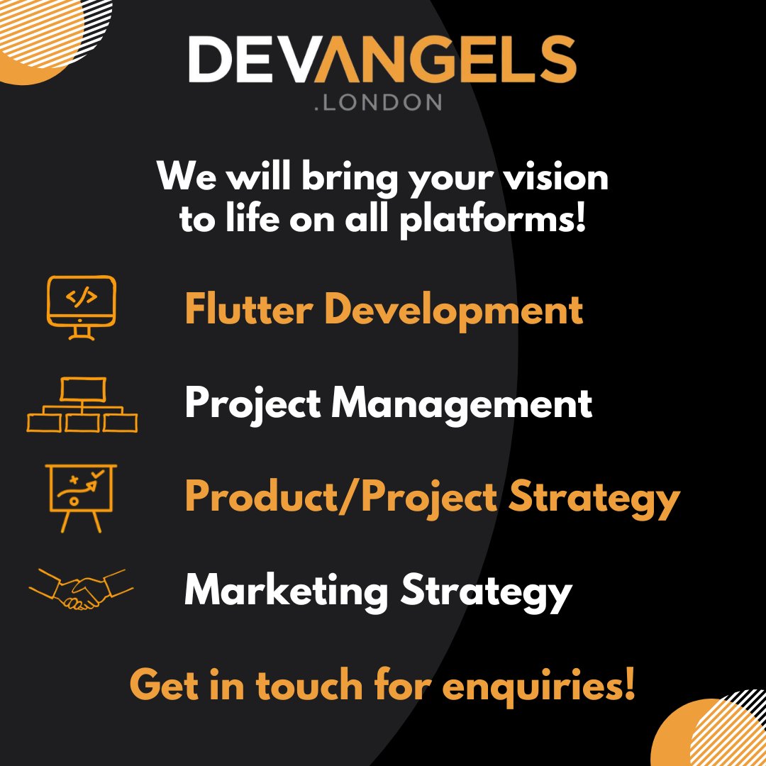 DevAngelsLtd's tweet image. We at DevAngels are more than a dev-team-for-hire: we&apos;re here to partner directly with your business, so that you don&apos;t need to make permanent hires for CTO and software engineering.

#flutterexpert #appdevexpert #appdev #flutter #flutterdev #dart #mobileapp #mobileappdevelopment