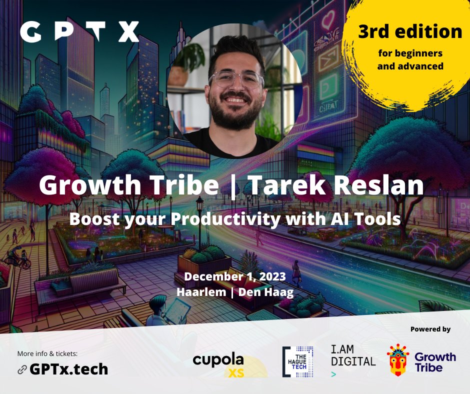 💡✨ Boost your Productivity with AI Tools! Tijdens #GPTx geeft @GrowthTribe een exclusieve workshop over hoe je AI kunt gebruiken om je productiviteit te verhogen. Je leert direct toepasbare technieken om jouw taken te verbeteren. 🚨 Tickets: gptx.tech #Haarlem