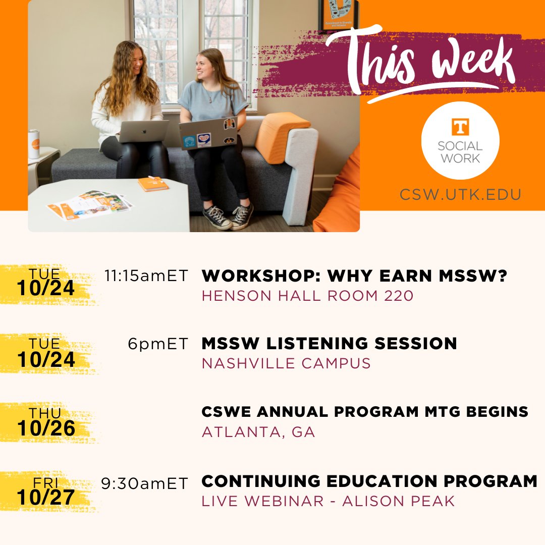 utkcsw's tweet image. We have some great workshops &amp;amp; programs on campus and online this week. 
PLUS catch us at the #CSWE Annual Program in Atlanta!
#utkcsw #ChangeHappensHere #socialwork