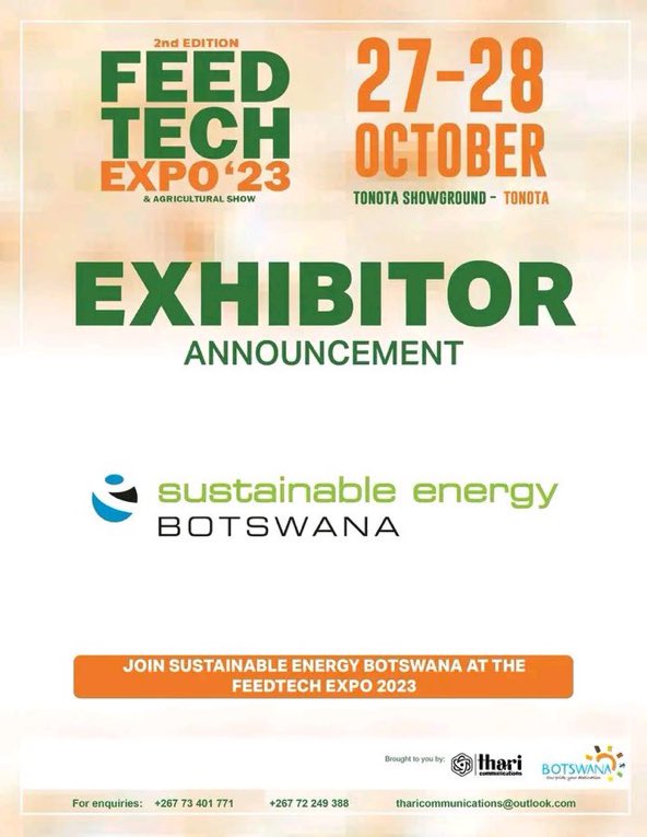 ASEBotswana's tweet photo. Want to get to know more about our work supporting the Botswana clean energy transition?
Talking about #SmartAgriculture and See our #solar demonstrator and meet the team.
Catch us at the The #FeedTech Expo from the 27th - 28th October 2023 in Tonota showground. https://t.co/NoJG7kQSIX