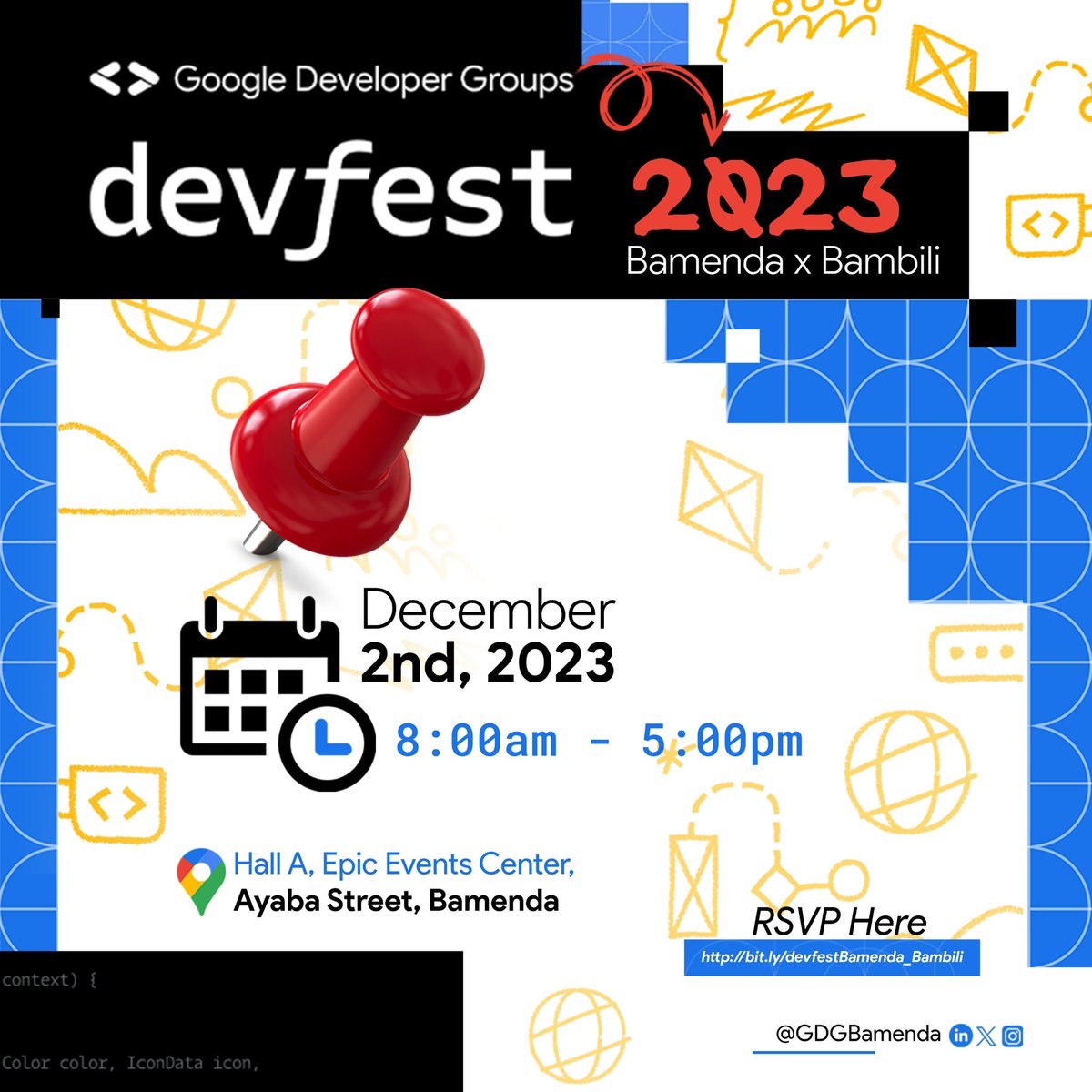 GDGBamenda's tweet image. We are bringing to you a #Devfest like no other!!!
Come ready to learn, grow, and connect with other developers in Bamenda on Saturday, Dec 2nd 2023!

RSVP ASAP: bit.ly/devfestBamenda…

#DevfestBamendaxBambili #DevfestBamendaxBambili2023