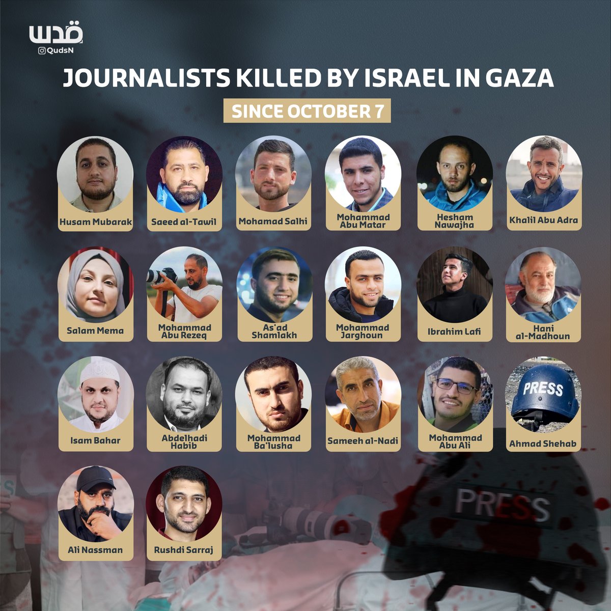 QudsNen's tweet photo. A list of journalists killed by Israel since the beginning of its ongoing genocide campaign in Gaza.
#GazaGenocide https://t.co/8fEHlRG3CM
