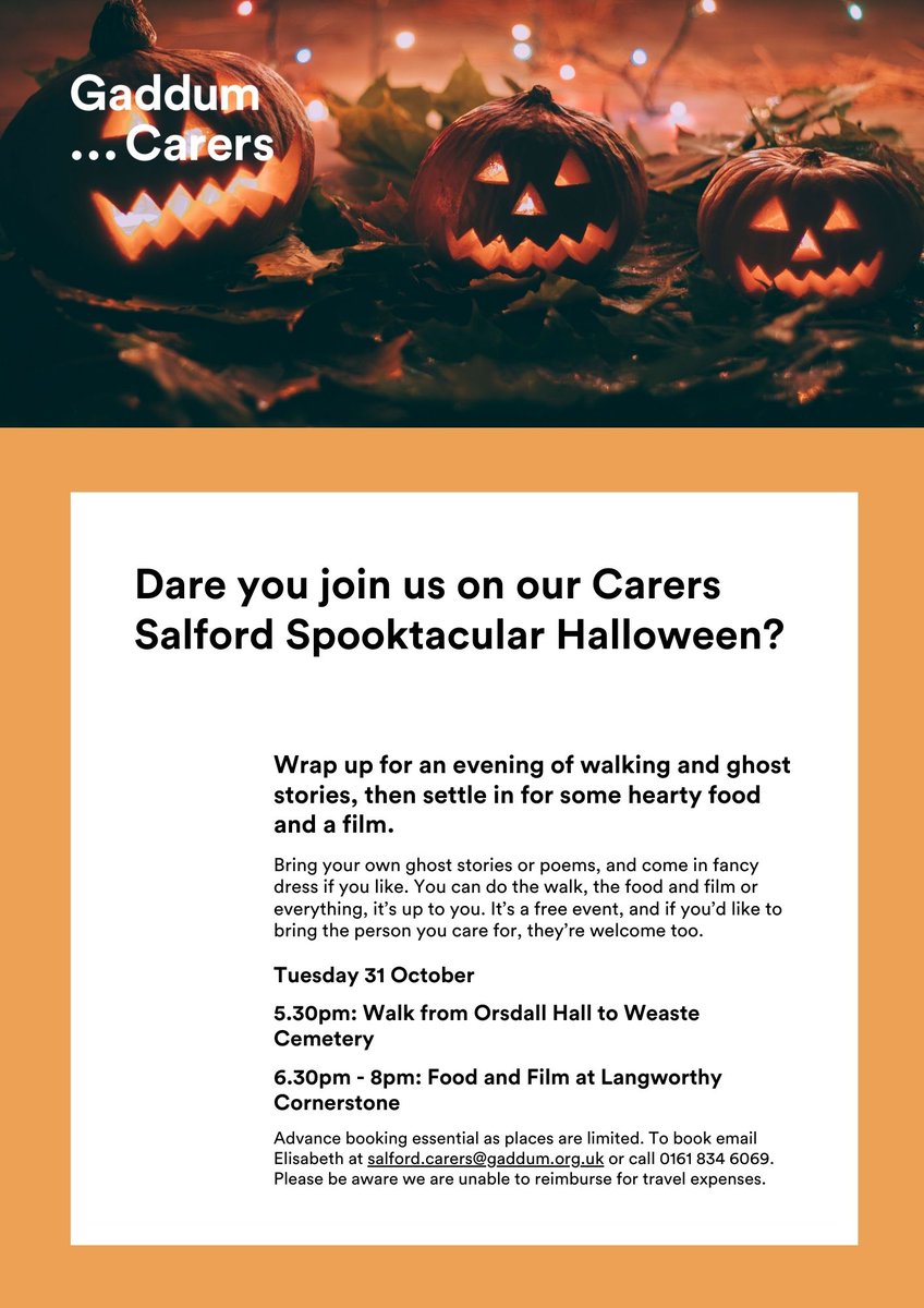 A treat for carers (no tricks) this Halloween. Walking, scary stories, hearty food, and a film. What's not to love 👇

#Halloween #Salford #ThinkCarer

@OrdsallHall @SalfordCouncil @SalfordLeisure  @SalfordCO_NHS