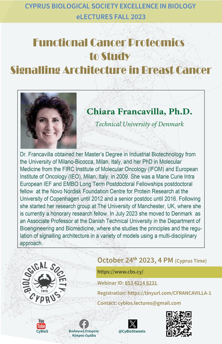 CyBioStweets's tweet photo. With great joy we announce the 6th consecutive season of the CBS's eLecture series. 
Our first speaker is Dr. Chiara Francavilla from the Technical University of Denmark (DTU) on October 24th, 2023 @4PM (Cyprus)
Register: https://t.co/iPIwz6UrFS
See you all there!
#cbs #science https://t.co/cvD8UlaW2i
