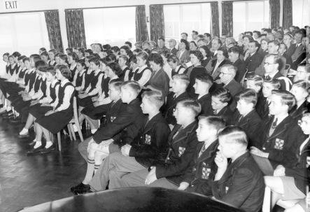 Half-term may be over, but
here's a photo for #MemoriesMonday of the start of a brand new term at a brand
new school. The opening ceremony at Borehamwood
 Grammar School on 31st
October 1956, nearly 70 years ago. Is that you in your new blazer or tunic?