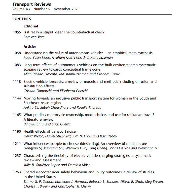 The last issue of 2023 has now been published with papers on autonomous vehicles, electric vehicles, public transport, motorcycles, ridesharing, transport noise and shared e-scooters:

tandfonline.com/toc/ttrv20/43/…

<a href="/RoutledgeGPU/">Routledge Geog&Built</a>