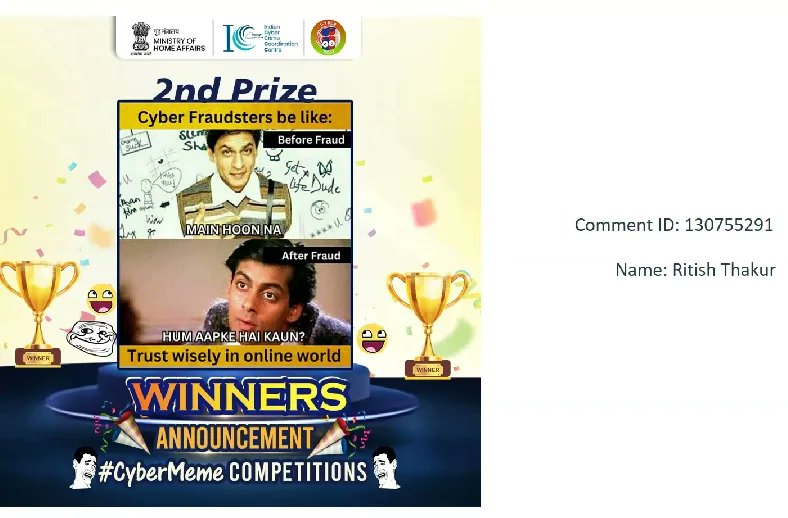 himachalpolice's tweet photo. DGP-HP and All Ranks congratulate Ct. Ritish Kumar for being awarded Second Prize in National Level Cyber Meme Competition with cashprize of ₹10,000 organised by 14C, Ministry of Home Affairs, New Delhi.
#Congratulate #DGPHP #AllRanks #Award #Prize #CyberMeme #Himachal #HPPolice https://t.co/YA4zkVHDTy