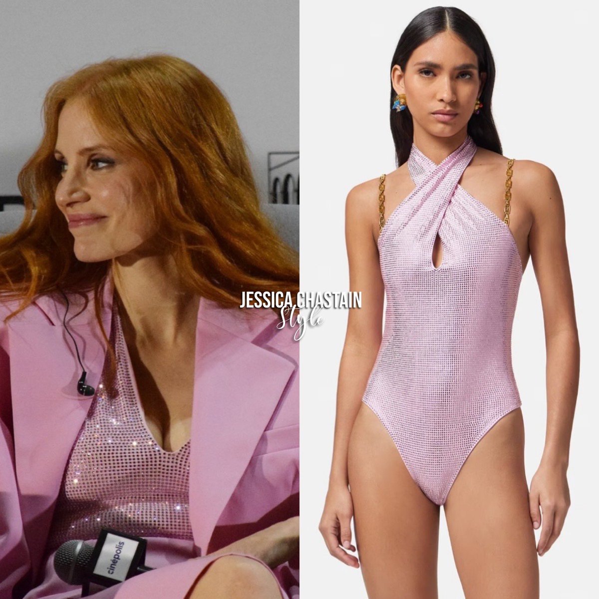 JChastainStyle's tweet photo. Jessica Chastain wore the #Versace ‘Gabardine Wool Oversized Blazer’ ($2,925) as well as the ‘Crystal Greca Swimsuit’ ($4,995) and a ‘Midi Skirt’ (N/A). She also wore a pair of #JimmyChoo ‘Rosie 120 Sandals’ ($1,075) at the Morelia International Film Festival. https://t.co/nhl7KFbno8