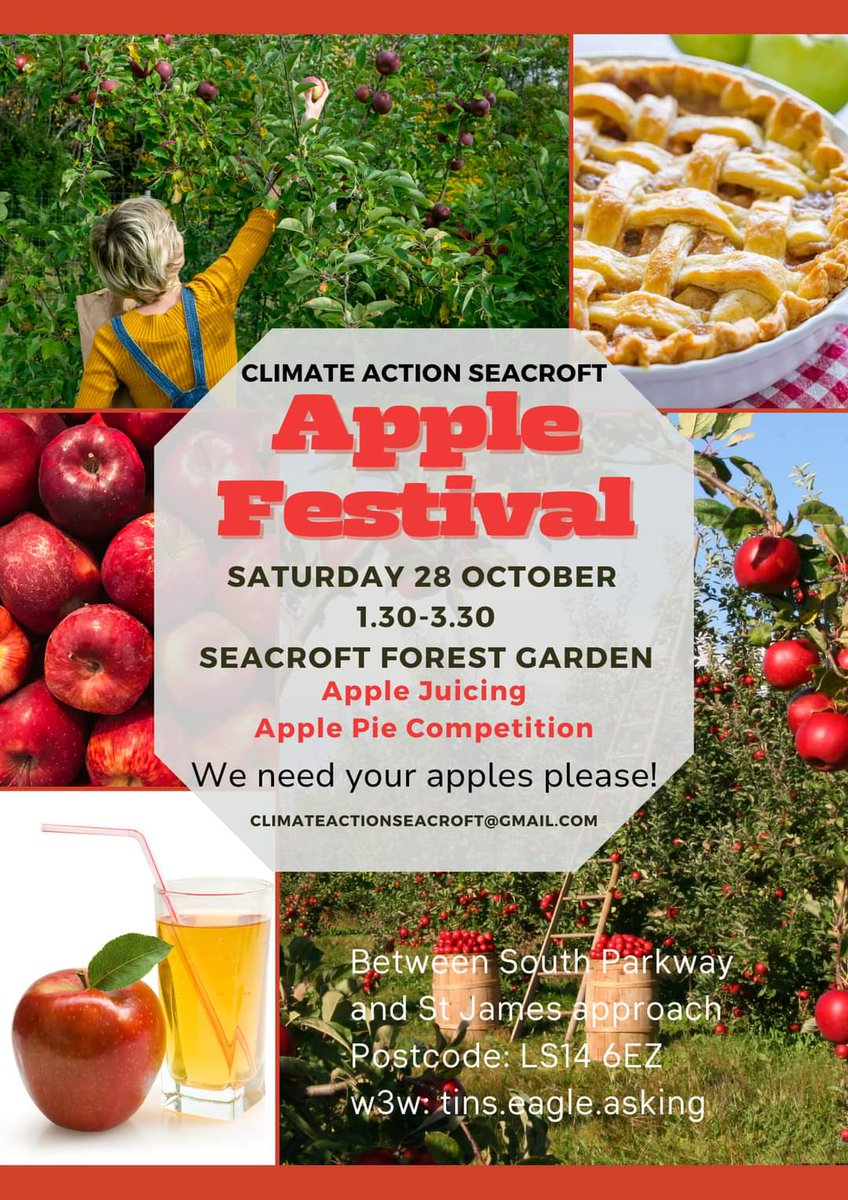 Seacroftforest1's tweet photo. Apple Day is nearly  here! Come on down to the garden between 1.30-3.30  this Saturday to have a go at apple pressing  take  home some delicious apple juice home .
Enter our apple pie competition and win a prize ( kindly donated by Tesco) 

 #appleday #applepressingday https://t.co/EdmADm1fSf