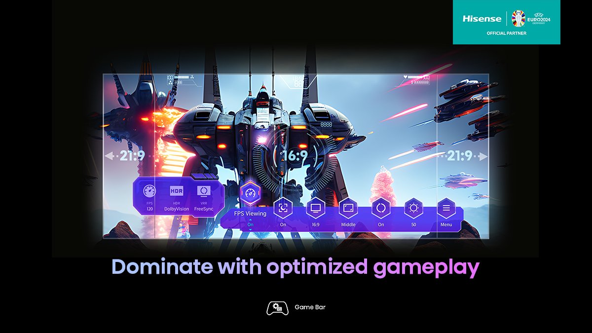 HisenseIntl's tweet image. 🎮 Elevate Sports &amp;amp; Gaming with the #HisenseU7 TV!
Dominate with optimized gameplay using the Game Bar. Real-time updates, swift screen adjustments, and unmatched tactical advantages await. Game on! 🕹️

#HisenseTV #SportsMode #GamingTV