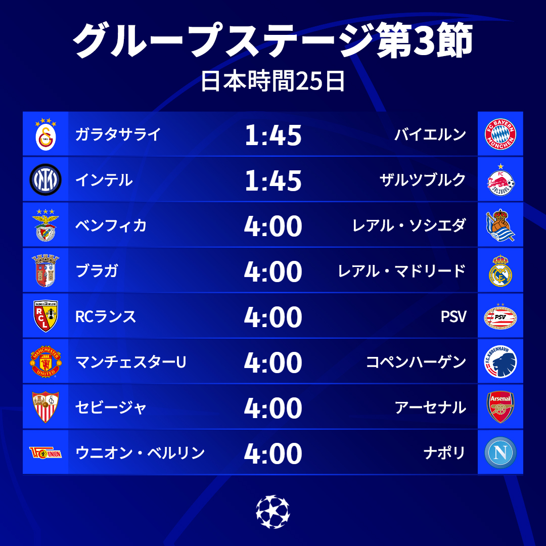 UCLJapan's tweet photo. 今夜はグループステージ第3節 🤩

あなたはどの試合を見る？📺

#UCL https://t.co/wiwsilxWQe