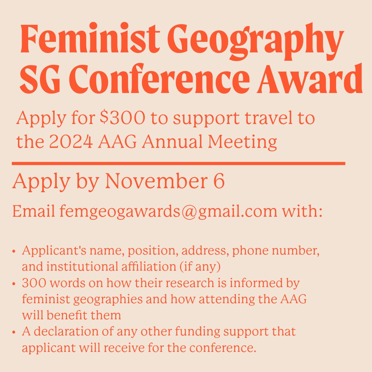 FeministGeographies (@feminist_geo) on Twitter photo We are awarding travel grants to attend the <a href="/theAAG/">American Association of Geographers</a> annual meeting. You must be a member of the Feminist Geography SG to apply. Due Nov. 6! See the thread for details! We are awarding travel grants to attend the <a href="/theAAG/">American Association of Geographers</a> annual meeting. You must be a member of the Feminist Geography SG to apply. Due Nov. 6! See the thread for details!