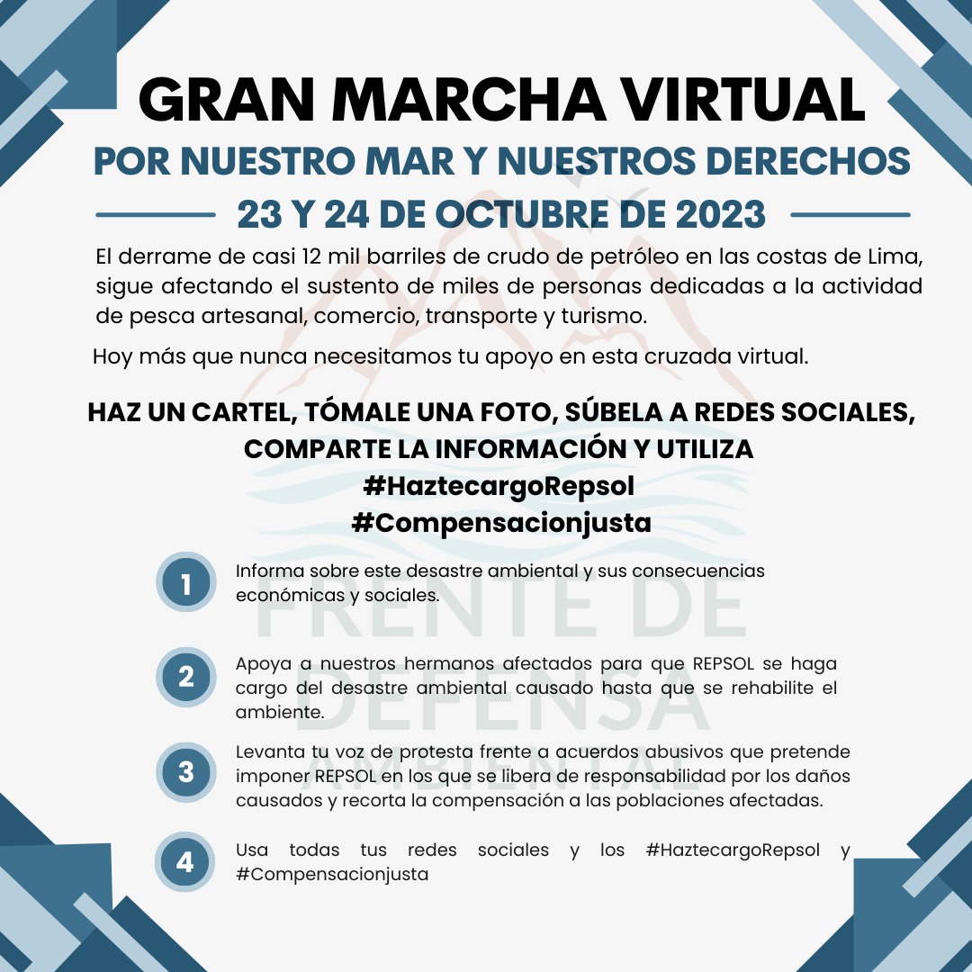 FrenteDefensaPE's tweet photo. 📣 GRAN MARCHA VIRTUAL |
No dejes que te callen, únete a este gran movimiento por nuestro mar y nuestros derechos. 
@Repsol, empresa que no quiere  hacerse responsable por el daño causado al ambiente y a las personas.
#HaztecargoRepsol #Compensacionjusta https://t.co/M2gGVYEg0p