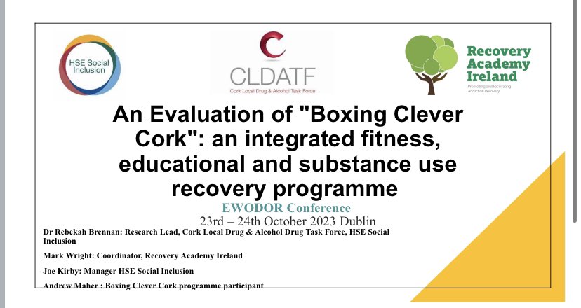 RebekahLBrennan's tweet photo. Andrew delivered a fantastic account of his experiences of being a Boxing Clever Cork participant as part of myself and @markwright087 presentation on the @cldatf early recovery initiative just now @HSE_SI #EWODOR2023 https://t.co/FbttiDX8ok