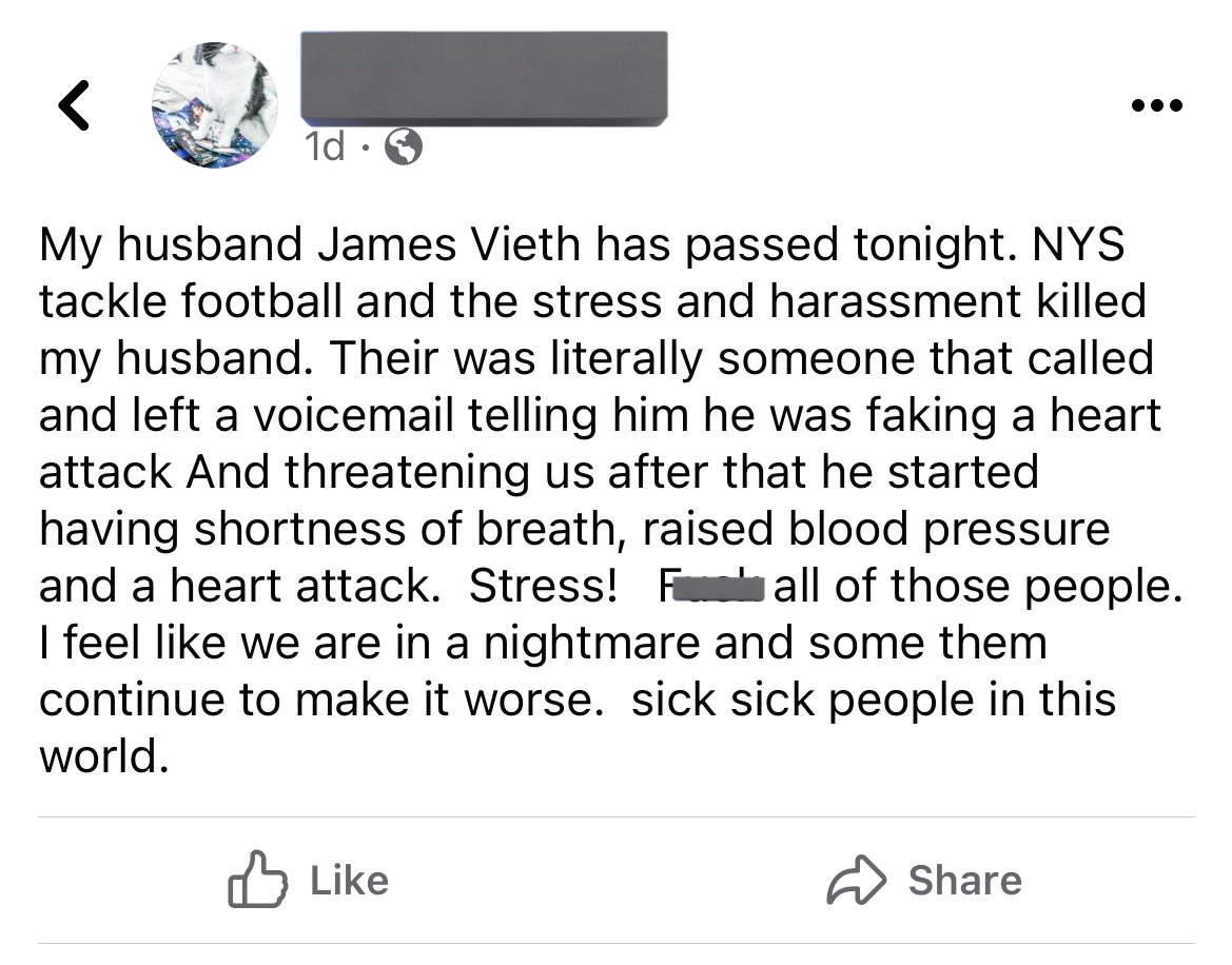 Unfortunate update to an extremely unfortunate situation. Thousands of families lost funding for youth sports. And the former head of NYS has reportedly passed away.