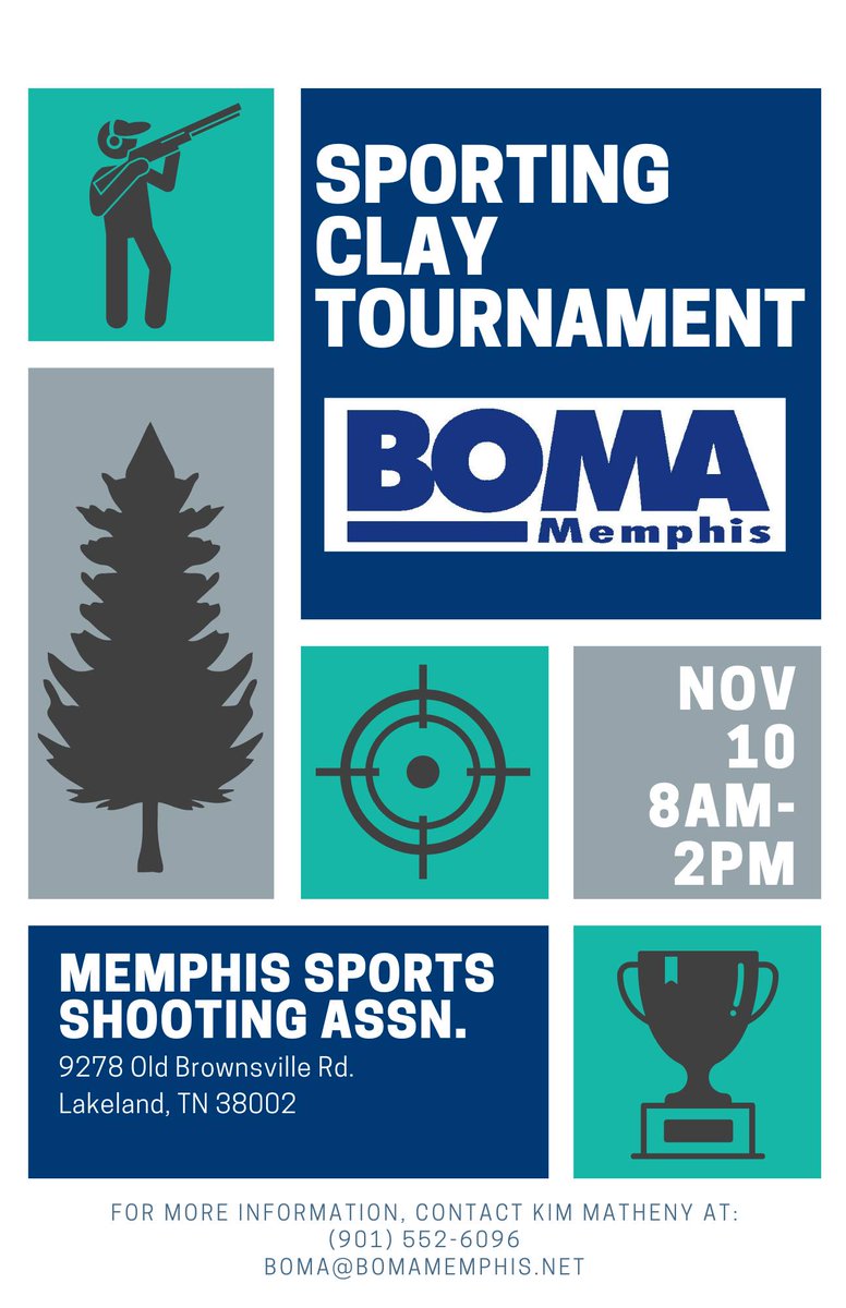 The BOMA Memphis, Sporting Clay Tournament, Sponsored By Signal of Memphis.

Friday, November 10, 2023 

Registration: 8:00 a.m.  
Breakfast: 8:00 – 8:55 a.m. 
Start: 9:00 a.m. 
Lunch: Immediately Following Event.

See you there!