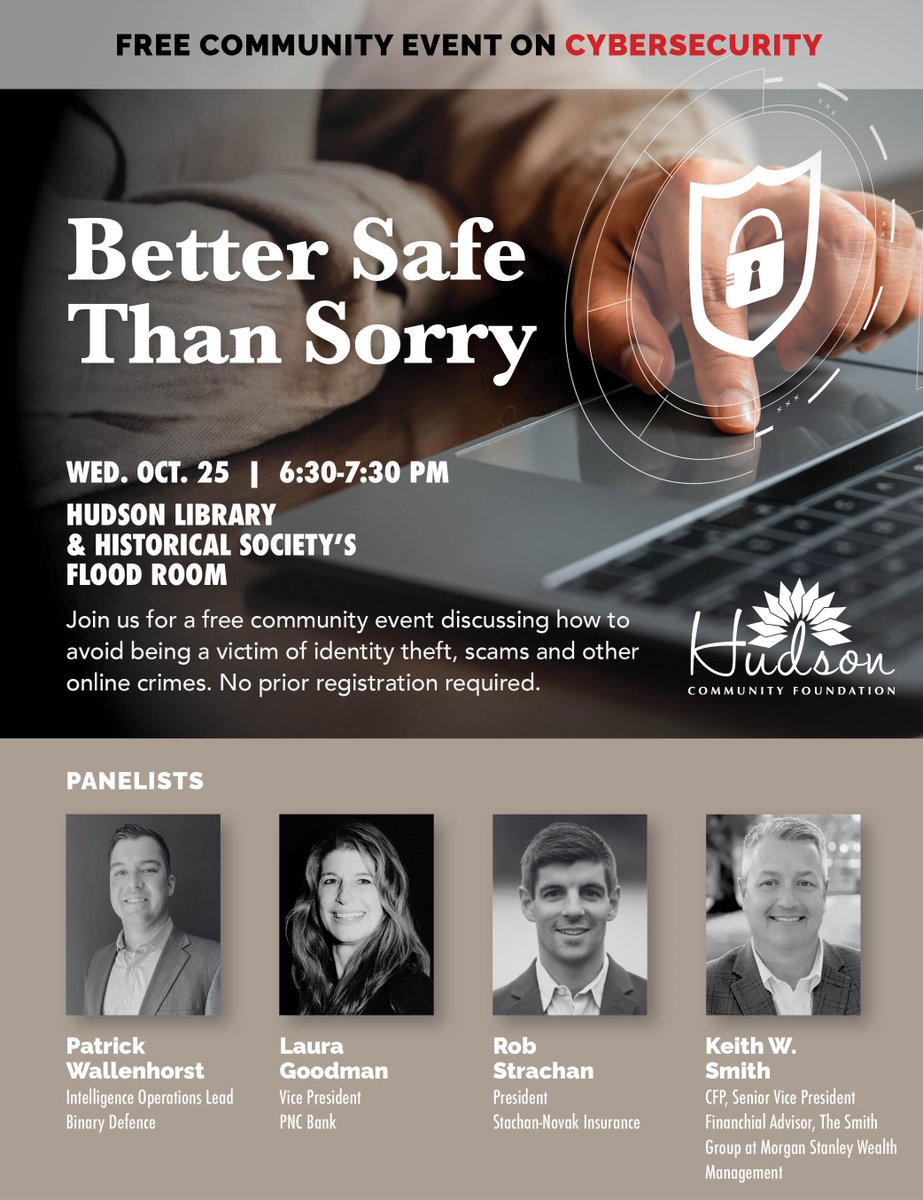 Community Event: information &amp; tips how to avoid cyber crimes, identity theft, scams and more.  Join us this Wednesday.  We'll have a book read in the children’s area for elementary age children for those parents that would like to attend.  #CyberSecurity #hudsonOH