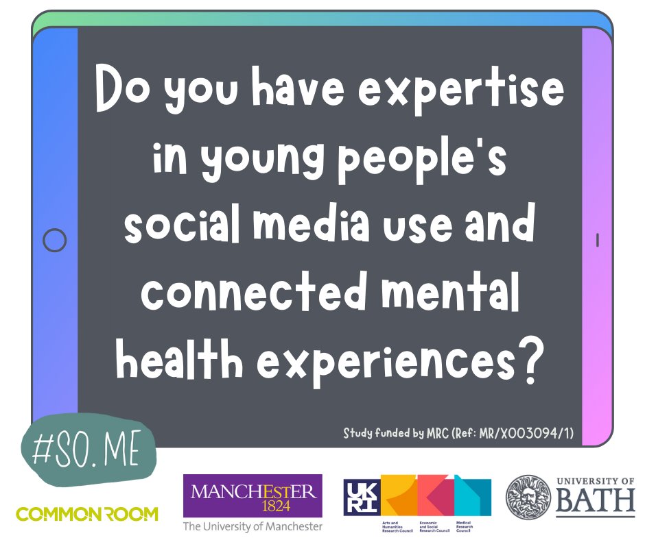 PARTICIPANTS NEEDED! (18+)

Are you a professional in youth mental health services or digital literacy/policy?

We need you to share your views on young people's social media experiences!

Click the link to find our more about the research and take part 👉 qualtrics.manchester.ac.uk/jfe/form/SV_3s…