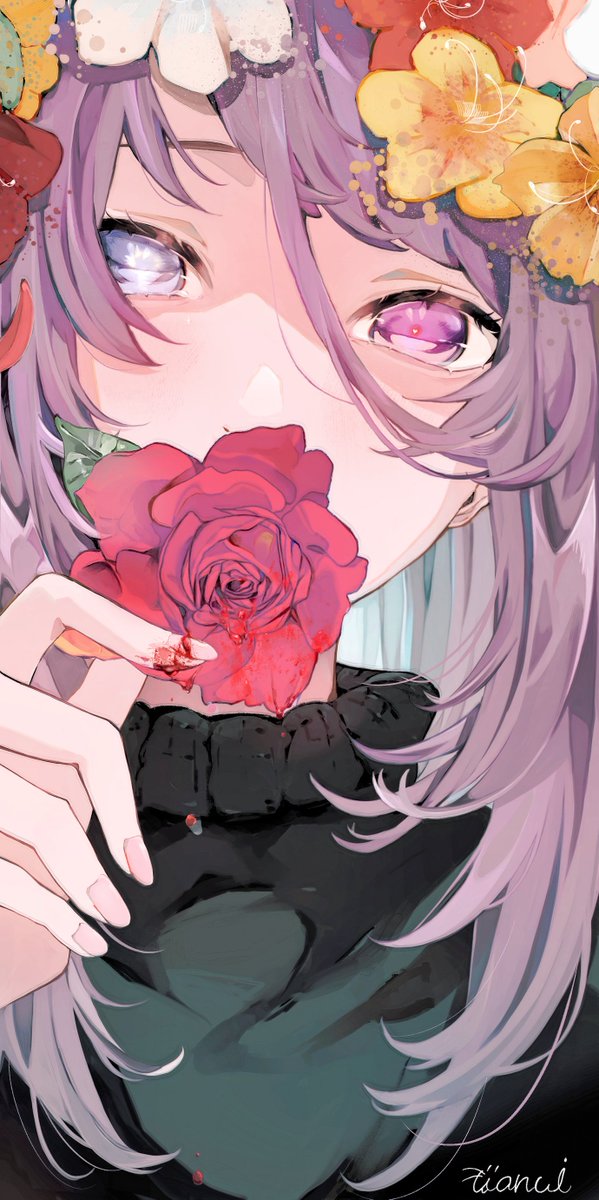 1girl solo flower red flower holding flower purple eyes looking at viewer  illustration images