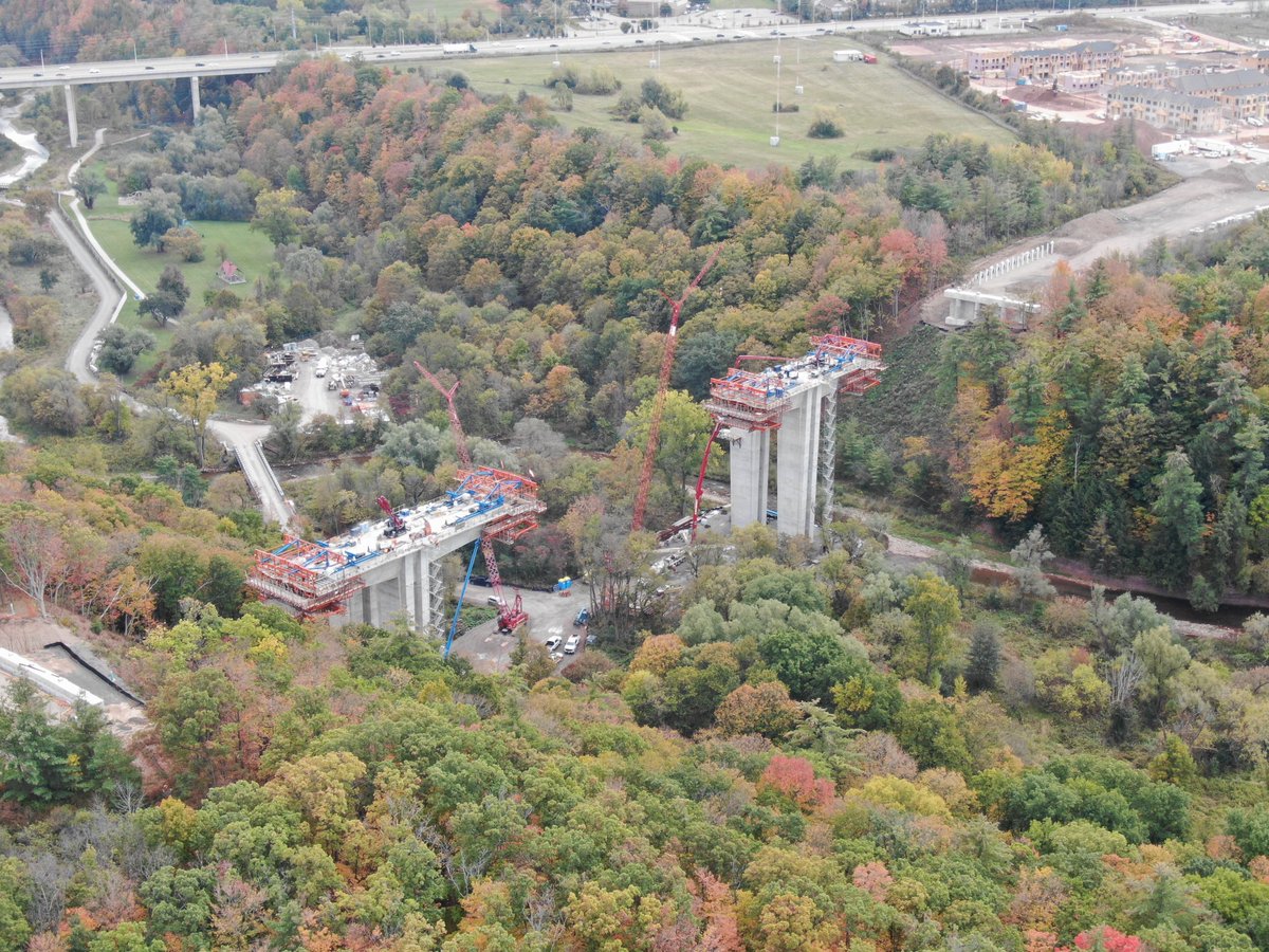 The cast-in-place segmental bridge deck construction is currently underway on our William Halton Parkway project over the Sixteen Mile Creek in Oakville. #oakvilleconstruction #engineering #civilconstruction #oakville
