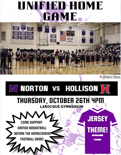 🚨NEXT UNIFIED HOME GAME IS THIS THURSDAY🚨 10/26   
4PM  
Larocque Gymnasium    

Come support Unified Basketball before the homecoming game and wear your jerseys!