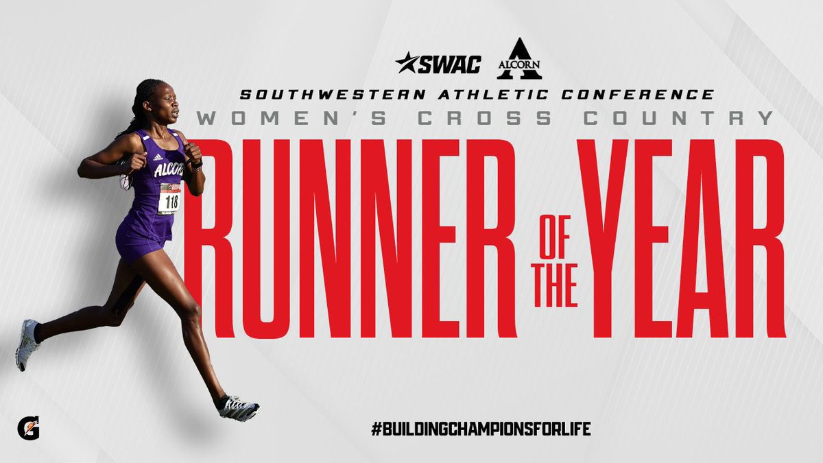 Congratulations to Stellah Kiptui of <a href="/BRAVESSPORTS/">Alcorn Braves Athletics</a> for claiming the 2023 SWAC Women’s Cross Country Runner of the Year award. Kiptui completed the 5K course with a time of 18:23.

<a href="/Gatorade/">Gatorade</a> 

#SWACXC | #BuildingChampionsForLife