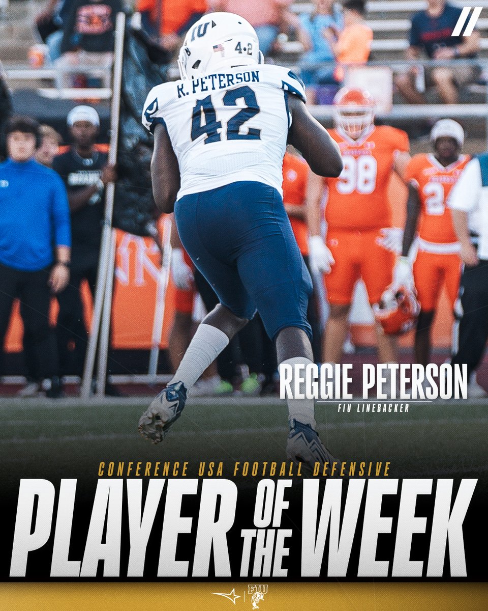 ConferenceUSA's tweet photo. 🏈 DEFENSIVE PLAYER OF THE WEEK 🏈
presented by Blenders Eyewear //

🏅1️⃣ Reggie Peterson, @FIUFootball

#NoLimitsOnUs | https://t.co/Rz0boVc7MO