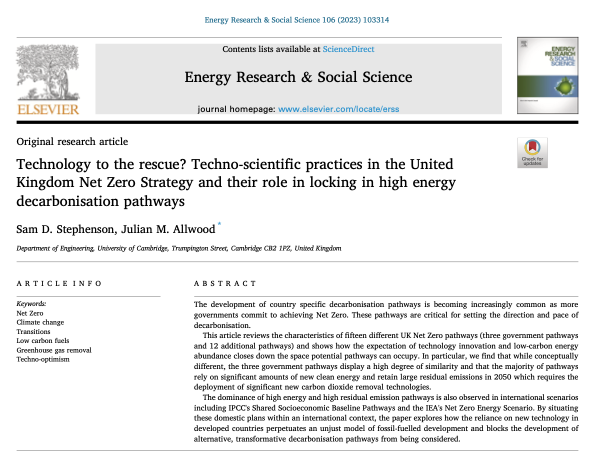 New paper! 🚨'Technology to the Rescue?' We look at the range of different UK Net Zero scenarios, the need for greater emphasis on efficiency & sufficiency and the challenge of relying solely on new technology for decarbonisation doi.org/10.1016/j.erss…