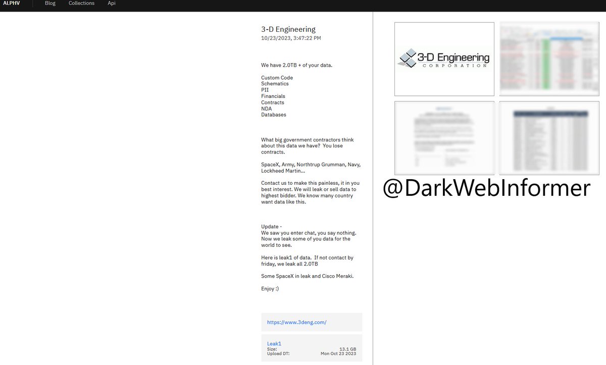 DarkWebInformer's tweet image. Threat Actor: ALPHV / BlackCat
Ransomware Victim: 3-D Engineering
Date: 2023-10-23
Note: Allegedly, #ALPHV #BlackCat has named #3DEngineering as a victim. #Ransomware #StopRansomware #DarkWeb #DarkWebInformer #Leaks #Leaked #Cyberattack