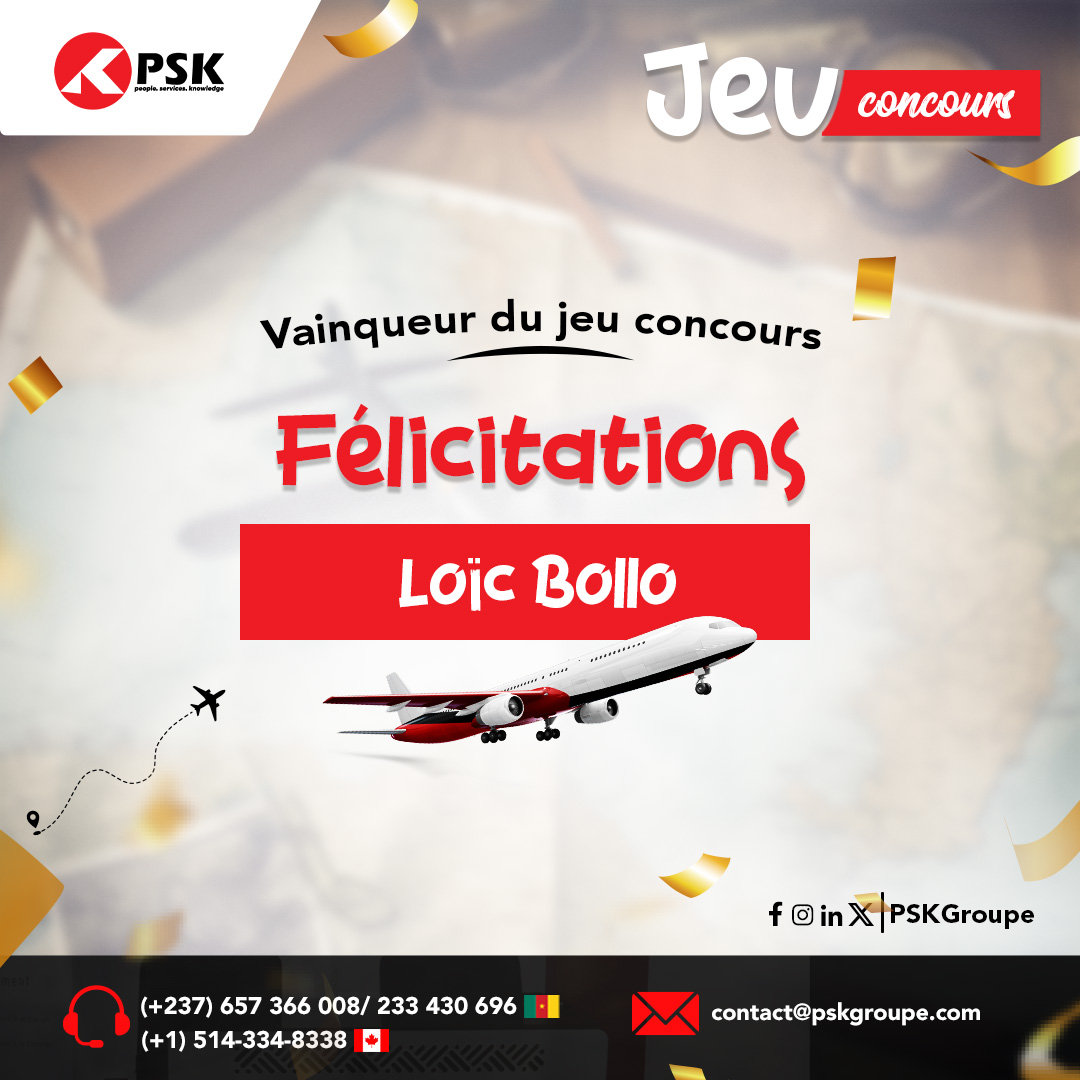 PskGroupe's tweet photo. Félicitations 🎉 à notre gagnant du jeu concours sur l'immigration Canadienne Loic Bollo qui gagne une réduction de 10% sur les frais de consultation sur notre service immigration canadienne. 

#pskgroupe #pskcanada #pskcameroun #jeuconcours #immigrationcanadienne #immigrer https://t.co/BhK4JQZCLs