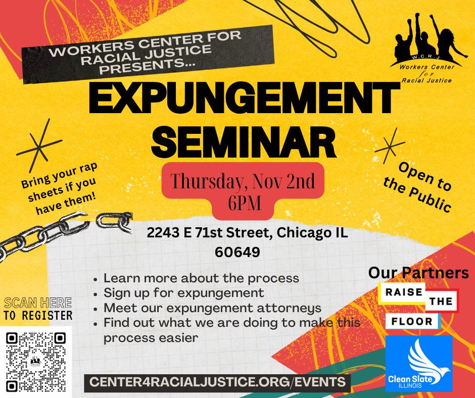 Looking for a fresh start? Join WCRJ and our partners, @RaiseTheFloor & @CleanSlate_Init on Thursday, November 2nd at 6PM for our Expungement Seminar! Register: center4racialjustice.org/events