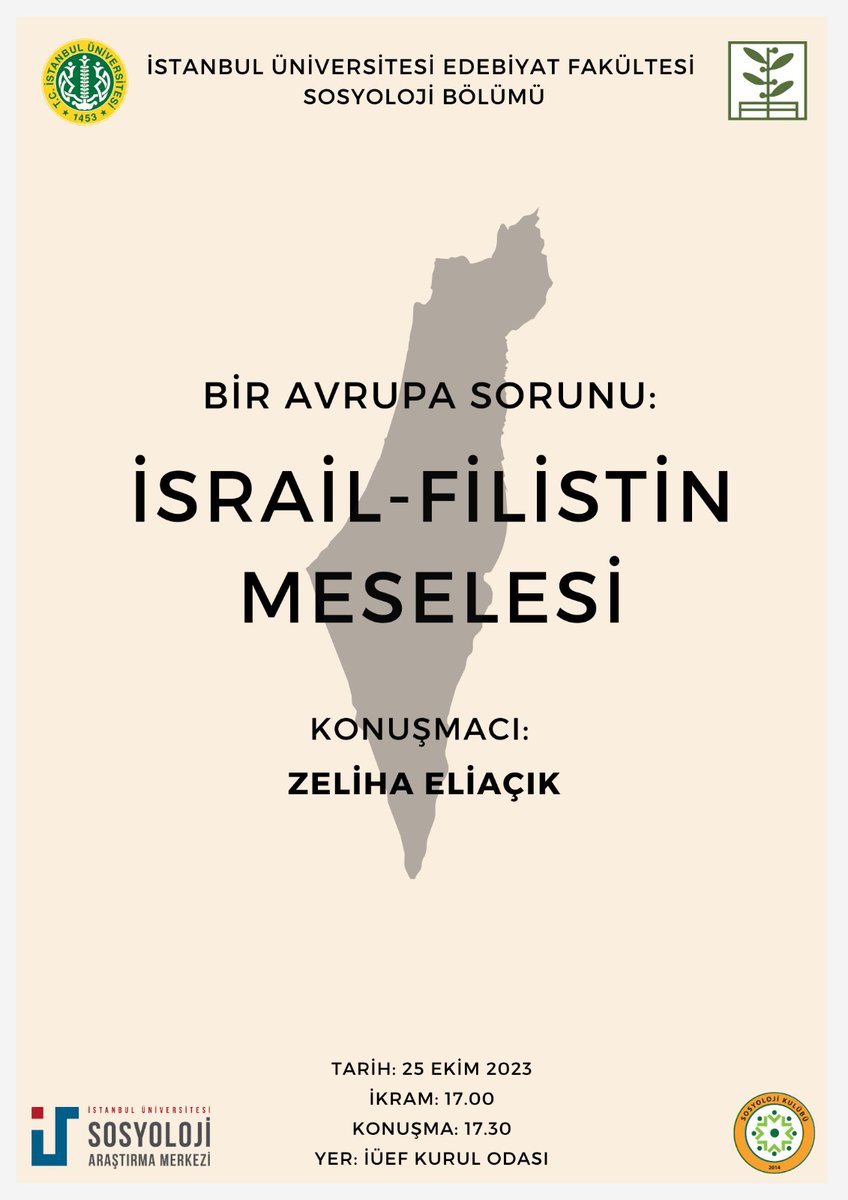 İstanbul Sosyoloji (@iuefsosyoloji) on Twitter photo Bu Çarşamba, akşamüstü Filistin gündemi üzerine toplanıyoruz. Meseleyi farklı boyutlarıyla Zeliha Eliaçık <a href="/zelihaeliacik/">Zeliha Eliaçık</a> ile konuşacağız. Lisans, lisansüstü öğrencilerimizi ve konuya ilgi duyanları bekliyoruz.
📅 25 Ekim 2023 Çarşamba
🕔 17.00
📍Kurul Odası Bu Çarşamba, akşamüstü Filistin gündemi üzerine toplanıyoruz. Meseleyi farklı boyutlarıyla Zeliha Eliaçık <a href="/zelihaeliacik/">Zeliha Eliaçık</a> ile konuşacağız. Lisans, lisansüstü öğrencilerimizi ve konuya ilgi duyanları bekliyoruz.
📅 25 Ekim 2023 Çarşamba
🕔 17.00
📍Kurul Odası