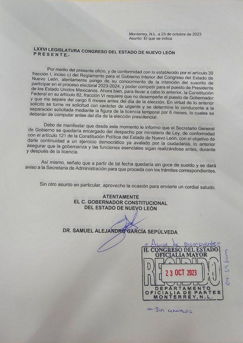 🚨 #ÚLTIMAHORA Samuel García solicita licencia al Congreso de Nuevo León para buscar la candidatura presidencial de Movimiento Ciudadano.