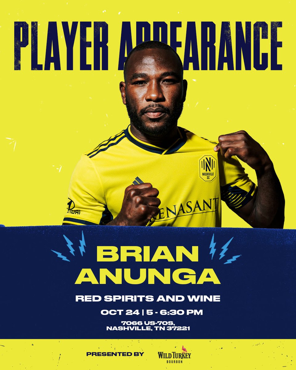 Nashville SC (@nashvillesc) on Twitter photo Come kick it with Anunga ⚡️
Brian Anunga will be making an appearance at Red Spirits and Wine in Nashville tomorrow.
<a href="/WildTurkey/">Wild Turkey</a> | #EveryoneN Come kick it with Anunga ⚡️
Brian Anunga will be making an appearance at Red Spirits and Wine in Nashville tomorrow.
<a href="/WildTurkey/">Wild Turkey</a> | #EveryoneN