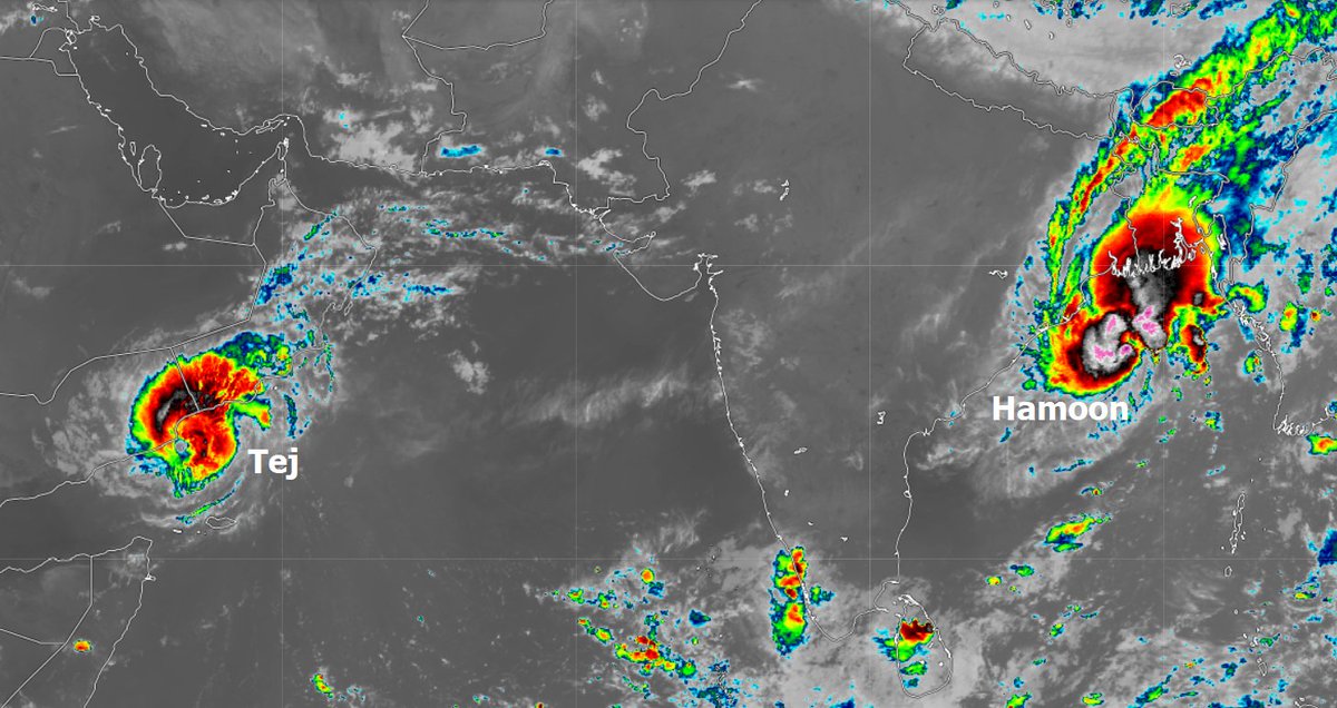 Satellite image shows Very Severe Cyclonic Storm #Tej about to make landfall over #Yemen and newly formed Cyclonic Storm #Hamoon, expected to make landfall over #Bangladesh later this week.
