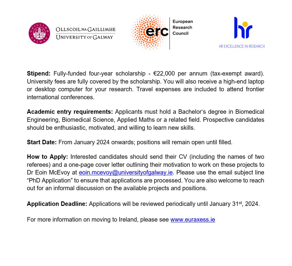 Eoin McEvoy (@eoin_mcevoy) on Twitter photo We are recruiting multiple PhD students to work on our <a href="/ERC_Research/">European Research Council (ERC)</a> project to investigate the mechanobiology of tumour growth and therapy resistance. See below for details:
<a href="/Bio_Eng_NUIG/">Biomedical Engineering University of Galway</a> We are recruiting multiple PhD students to work on our <a href="/ERC_Research/">European Research Council (ERC)</a> project to investigate the mechanobiology of tumour growth and therapy resistance. See below for details:
<a href="/Bio_Eng_NUIG/">Biomedical Engineering University of Galway</a>