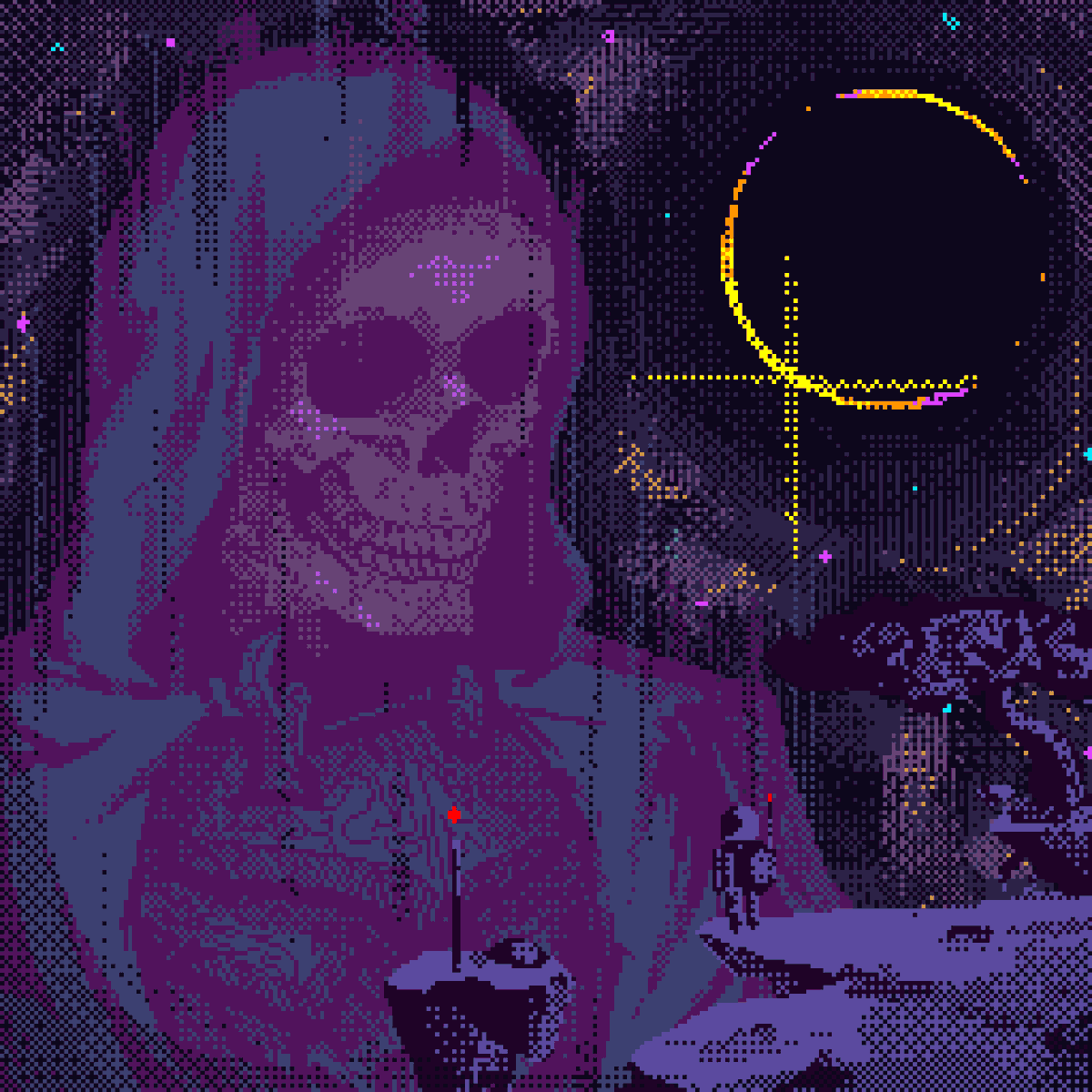Tried to come up with new compositions with this one

Inktober 2023
Day 23: Celestial

#inktoberprompts #inktoberchallenge #inktober2023 #inktober #pixelart #pixels #retroaesthetic #retro #oldschool #skull #skeletons #macabre #skullartwork #space #galaxy